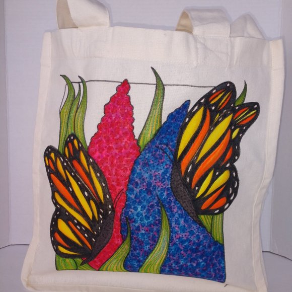 Hand-Painted Butterfly Tote Bag: Floral Art Reusable Canvas Tote 14x13x7 - Picture 6 of 14